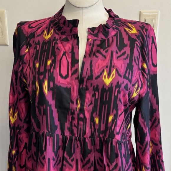 MARIE OLIVER TIERED SILK PINK, BLACK & YELLOW LONG SLEEVE DRESS LARGE - Picture 2 of 14